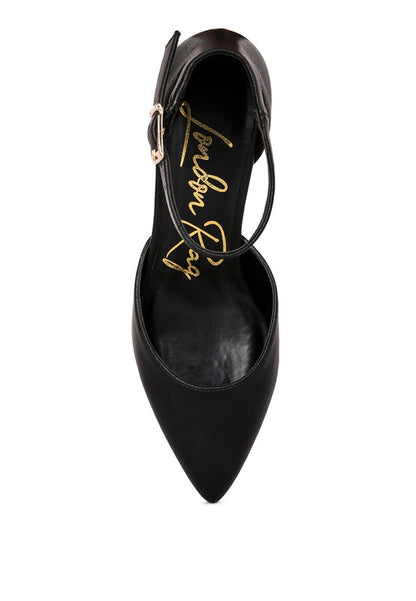 Top view of Black Myla Faux Leather Sling Heeled Sandals with closed pointed toe