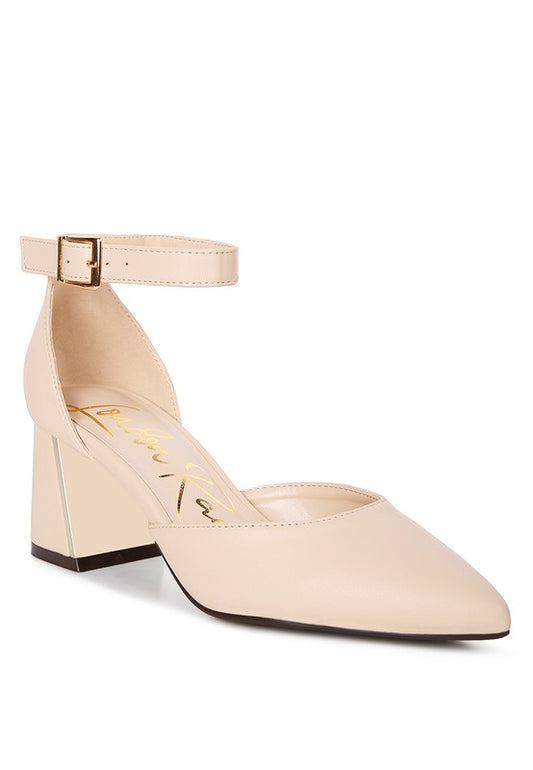 Beige Myla Faux Leather Sling Heeled Sandals front angle with gold accent