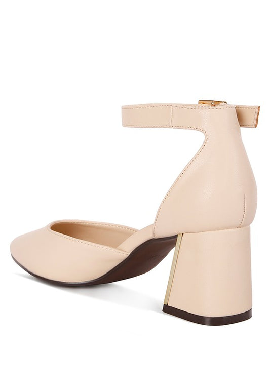 Beige Myla Faux Leather Sling Heeled Sandals back angle showing ankle strap
