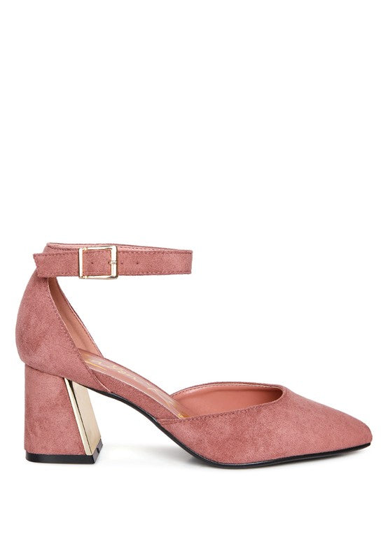 Rory Block Heels Blush side view suede finish and pointed toe
