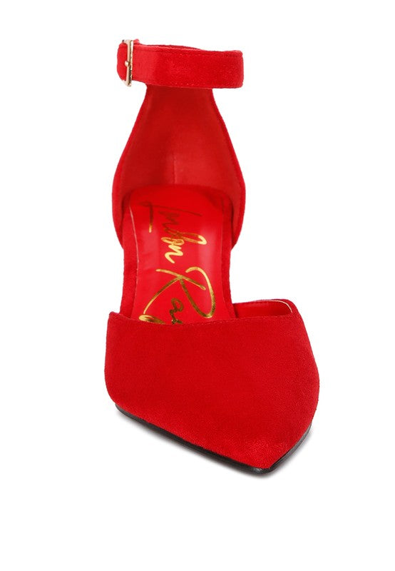 Rory Block Heels Red front view closed pointed toe design