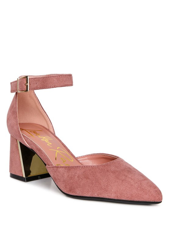 Rory Block Heels Blush front angle with ankle strap and block heel