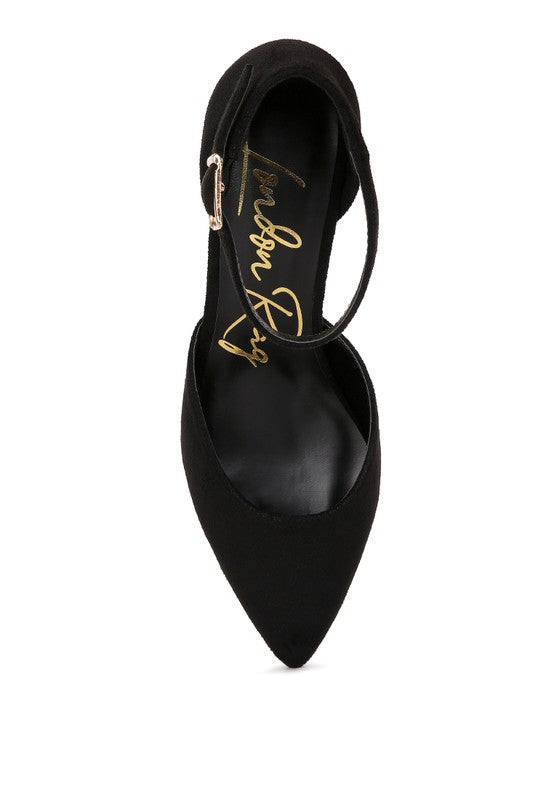 Rory Block Heels Black top view with gold branding and suede upper