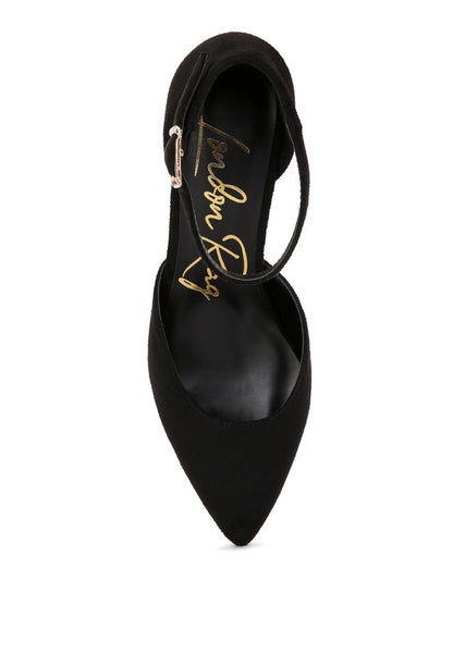 Rory Block Heels Black top view with gold branding and suede upper