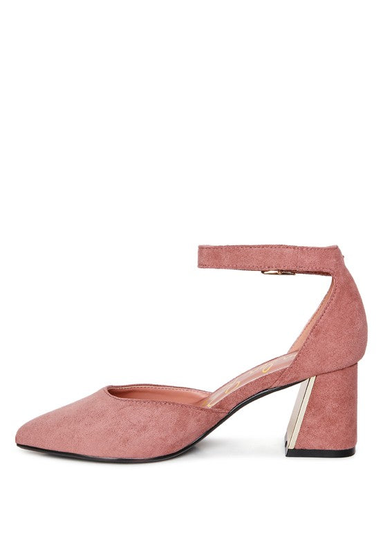 Rory Block Heels Blush side profile with metallic sling detail