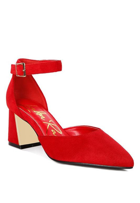 Rory Block Heels Red front angle with metallic sling detail
