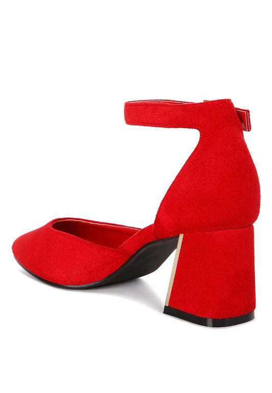 Rory Block Heels Red back angle showing ankle strap and heel