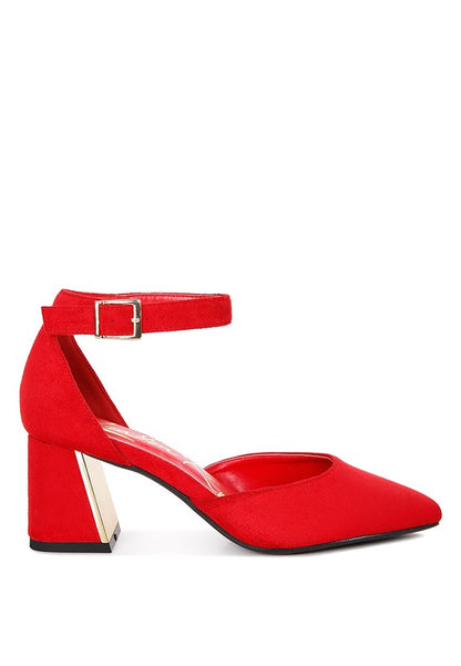 Rory Block Heels Red side view with pointed toe and block heel