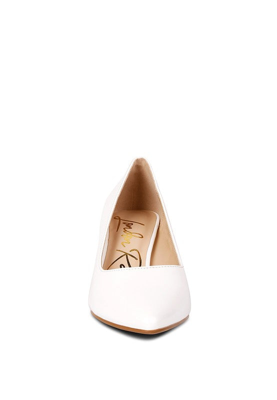 White Zaila Metallic Accent Block Heel Pumps front view with pointed toe design