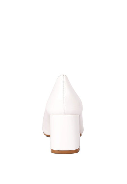 White Zaila Metallic Accent Block Heel Pumps back view showing angled heel detail