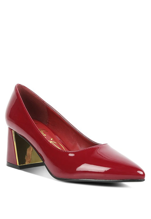 Burgundy Zaila Metallic Accent Block Heel Pumps front angle with gold detail