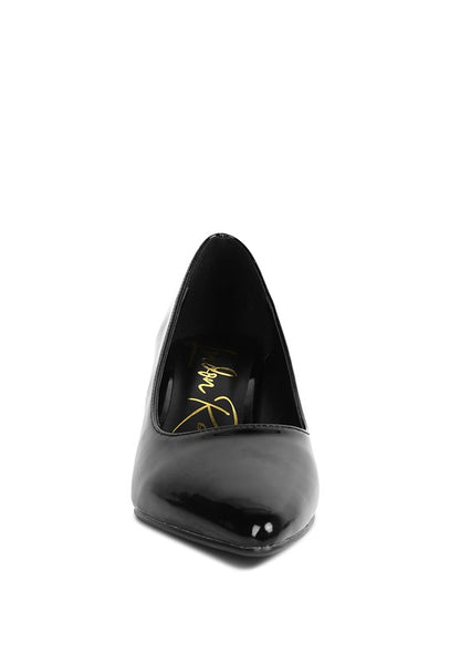 Black Zaila Metallic Accent Block Heel Pumps front view with shiny patent finish