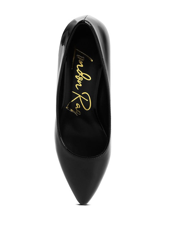Top view of Black Zaila Metallic Accent Block Heel Pumps with pointed toe design