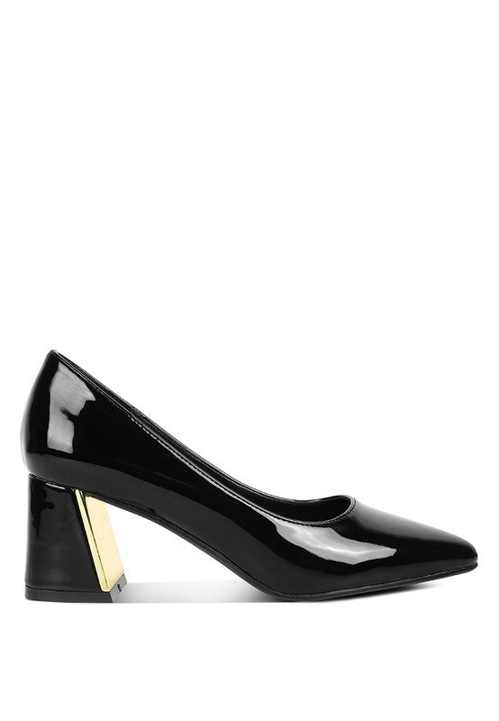 Black Zaila Metallic Accent Block Heel Pumps side profile with metallic heel detail