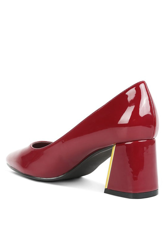Burgundy Zaila Metallic Accent Block Heel Pumps back angle showing metallic heel