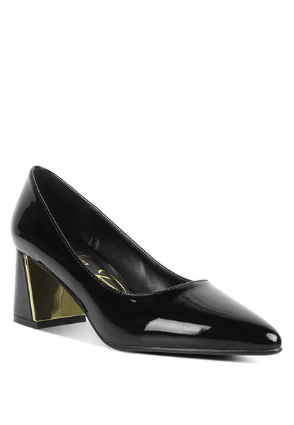Black Zaila Metallic Accent Block Heel Pumps front angle with pointed toe