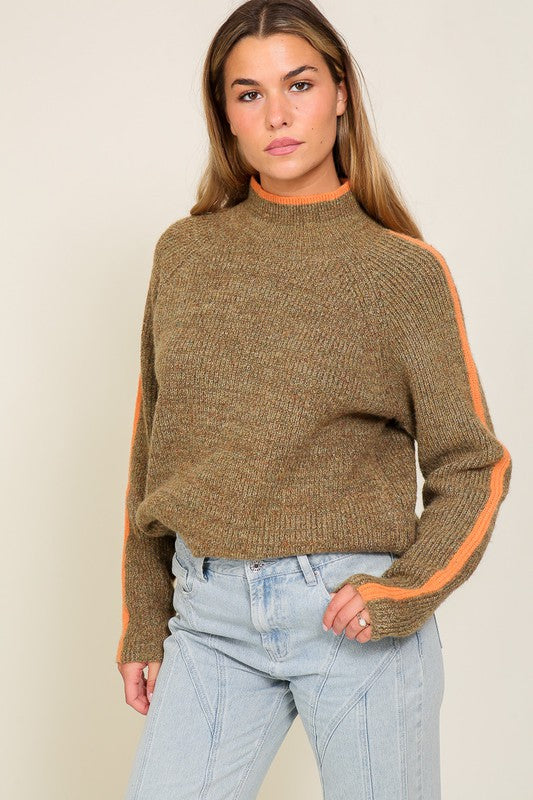 Desa Marled Brown Raglan Sleeve Funnel Neck Sweater