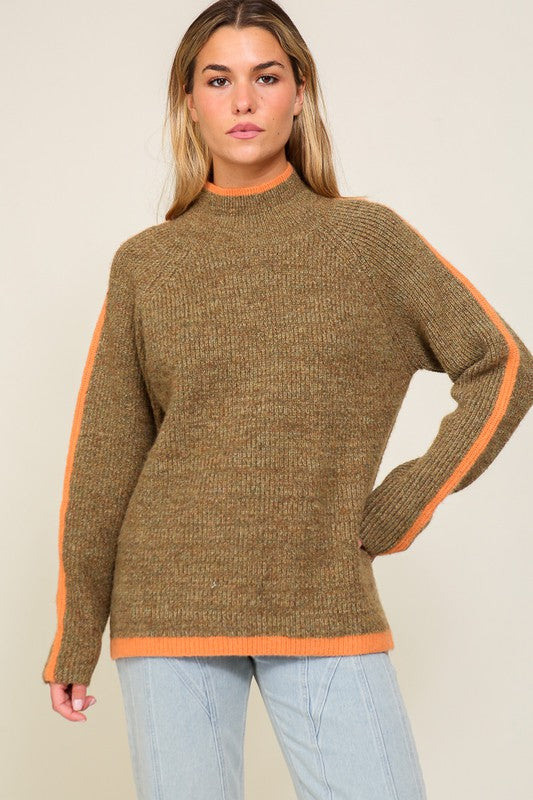 Desa Marled Brown Raglan Sleeve Funnel Neck Sweater