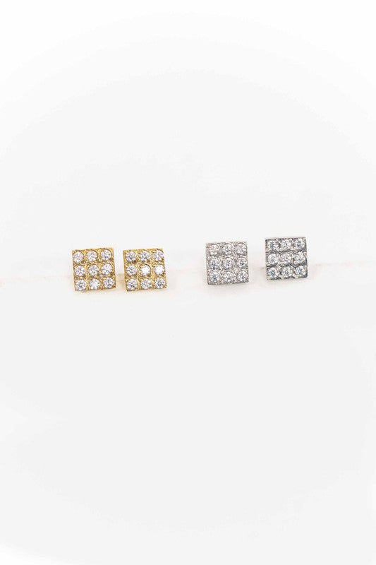 Gold and silver Cardie Square Stude Earrings with Rhinestones.