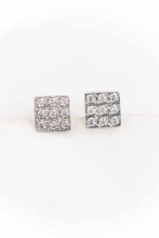 Silver Cardie Square Stud Earrings with rhinestones and stainless steel construction.