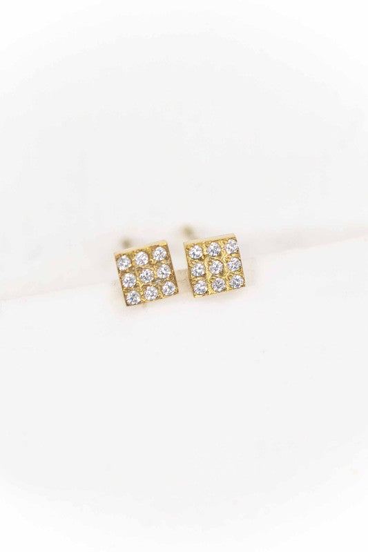 Gold Cardie Square Stud Earrings with rhinestones, minimalist design, and 14k gold plating.