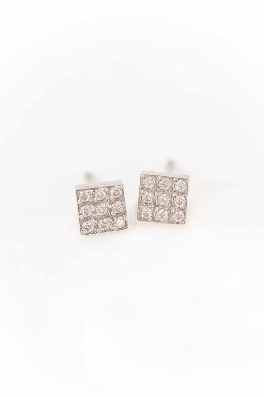 Silver Cardie Square Stud Earrings with rhinestones and stainless steel construction.