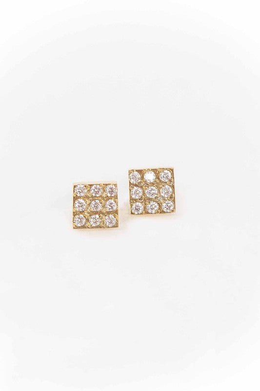 Gold Cardie Square Stud Earrings with rhinestones, minimalist design, and 14k gold plating.