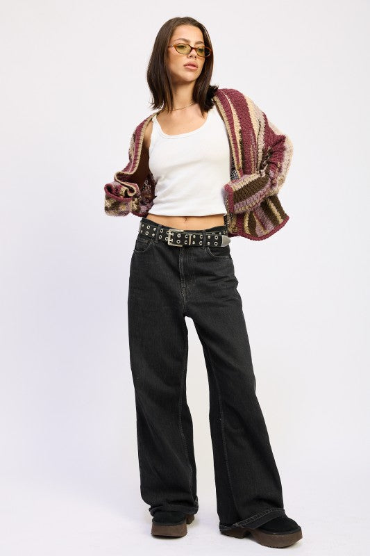 Wren Striped Knit Cardigan Burgundy Combo, v-neck buttoned, bold stripes, textured knit sweater.