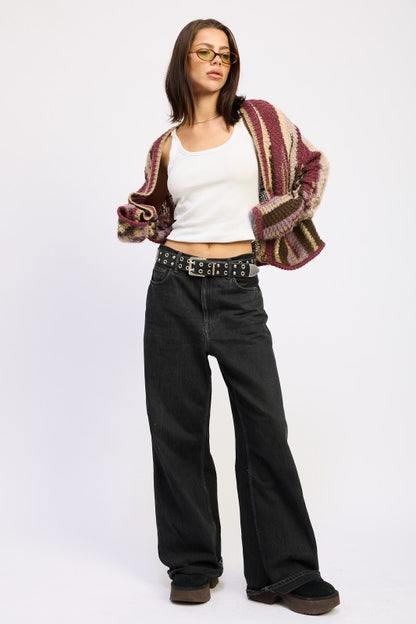 Wren Striped Knit Cardigan Burgundy Combo, v-neck buttoned, bold stripes, textured knit sweater.
