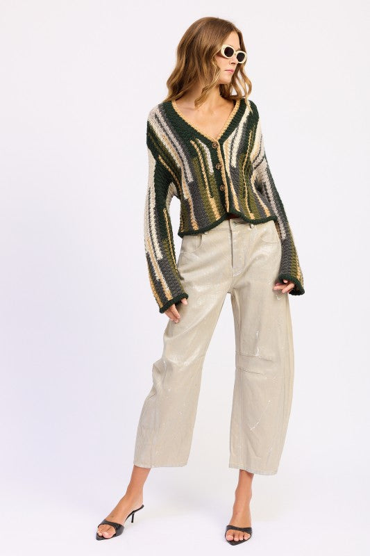 Wren Striped Cardigan Olive Combo on model, open drape style, relaxed slouchy fit, cozy fall knitwear.