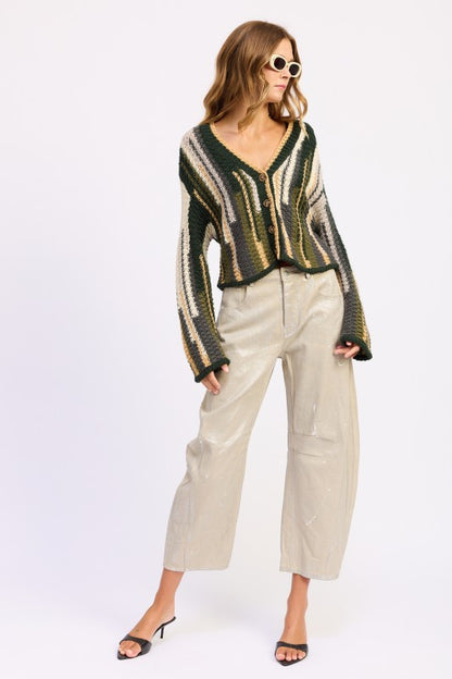 Wren Striped Cardigan Olive Combo on model, open drape style, relaxed slouchy fit, cozy fall knitwear.