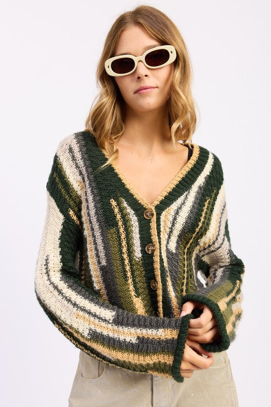 Wren Striped Knit Cardigan in Olive Combo front view, chunky knit, button front, long sleeve, cozy oversized fit.