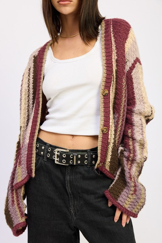 Wren Striped Knit Cardigan Burgundy Combo front view, chunky knit, button front, oversized relaxed fit