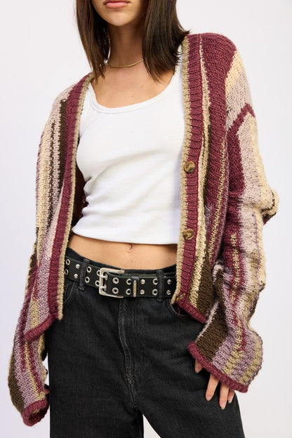Wren Striped Knit Cardigan Burgundy Combo front view, chunky knit, button front, oversized relaxed fit