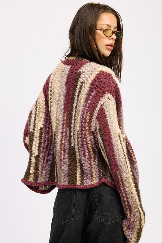 Back view Wren Striped Knit Cardigan Burgundy Combo, earthy stripe tones, oversized long sleeve cardigan.