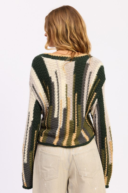 Back view of Wren Striped Knit Cardigan Olive Combo, earthy tone stripes, oversized cozy fit, long sleeves.