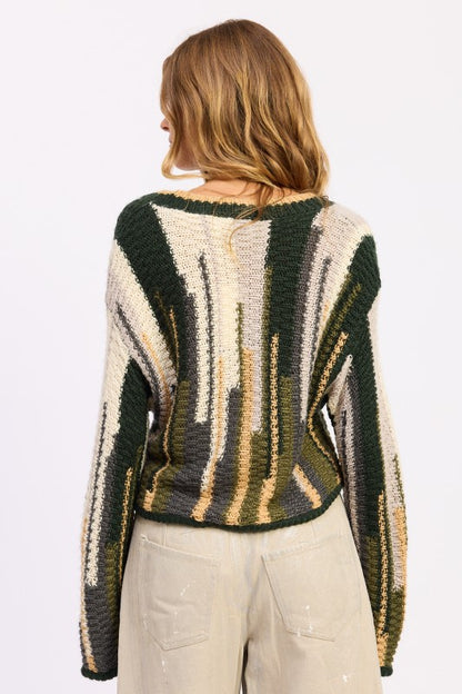 Back view of Wren Striped Knit Cardigan Olive Combo, earthy tone stripes, oversized cozy fit, long sleeves.