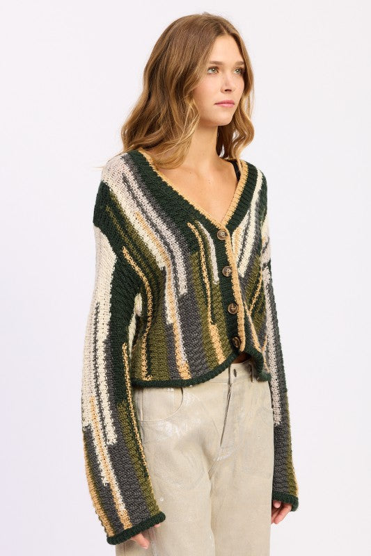 Side angle Wren Striped Cardigan Olive Combo, chunky knit, drop shoulder, cozy slouchy sweater.