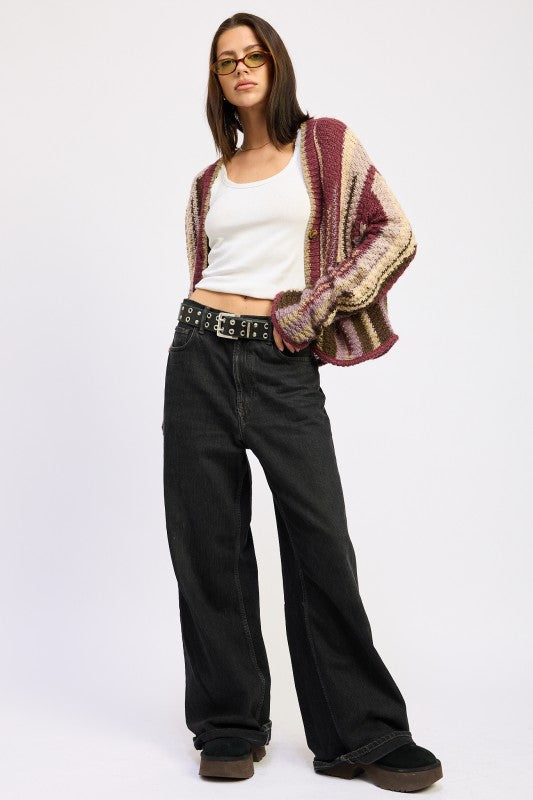 Wren Striped Cardigan Burgundy Combo on model, open drape, relaxed oversized cozy knitwear.