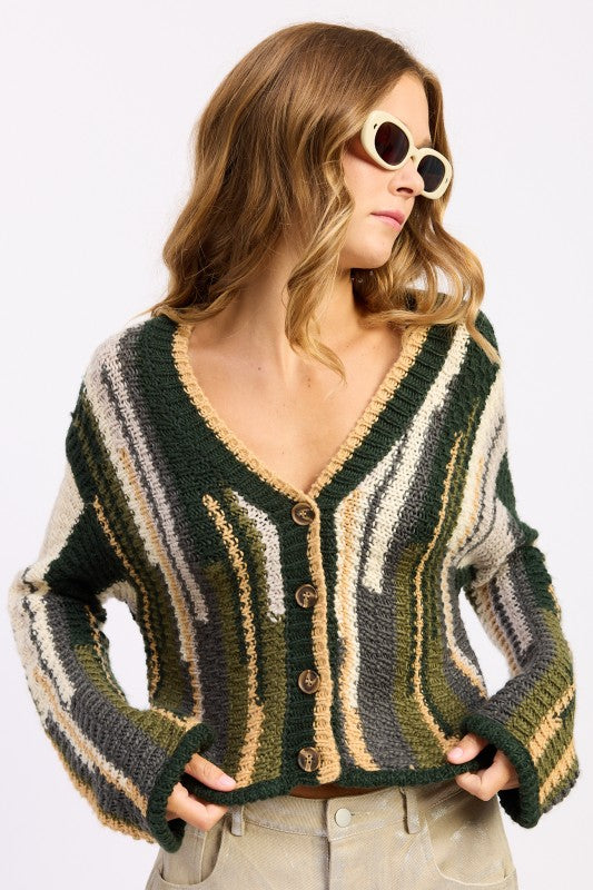 Wren Striped Knit Cardigan Olive Combo front view, button front, oversized fit, retro bold stripes.