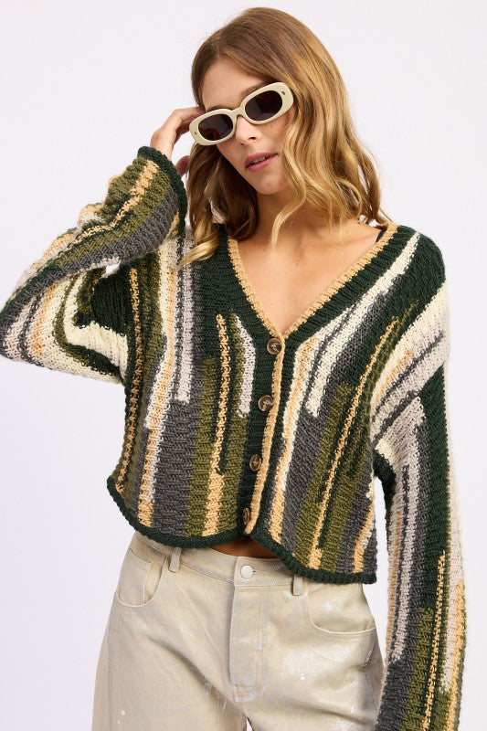 Wren Striped Knit Cardigan Olive Combo, v-neck button front, bold stripe design, chunky texture.