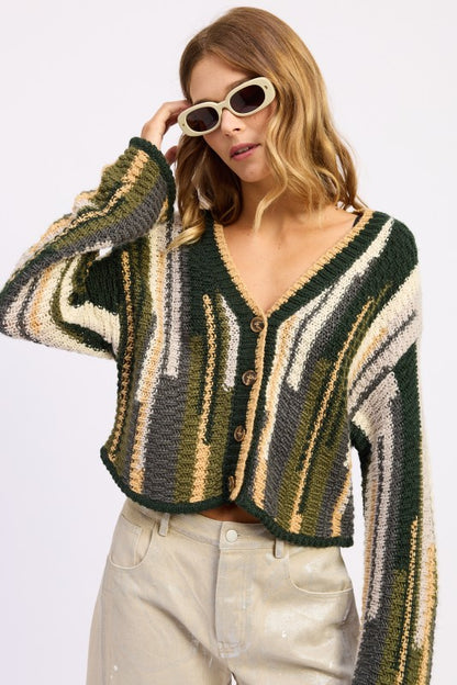 Wren Striped Knit Cardigan Olive Combo, v-neck button front, bold stripe design, chunky texture.