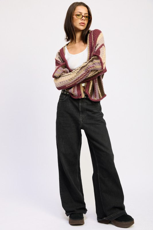 Wren Striped Cardigan Burgundy Combo angled front, oversized fit, cozy chunky knit fall sweater.