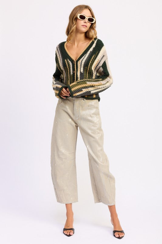 Wren Striped Knit Cardigan Olive Combo angled front, relaxed oversized fit, vertical stripes, chunky knit.