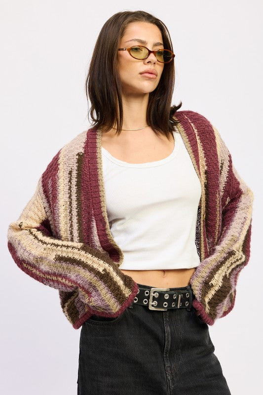 Wren Striped Cardigan Burgundy Combo on model, open drape style, cozy oversized fit, fall knitwear.