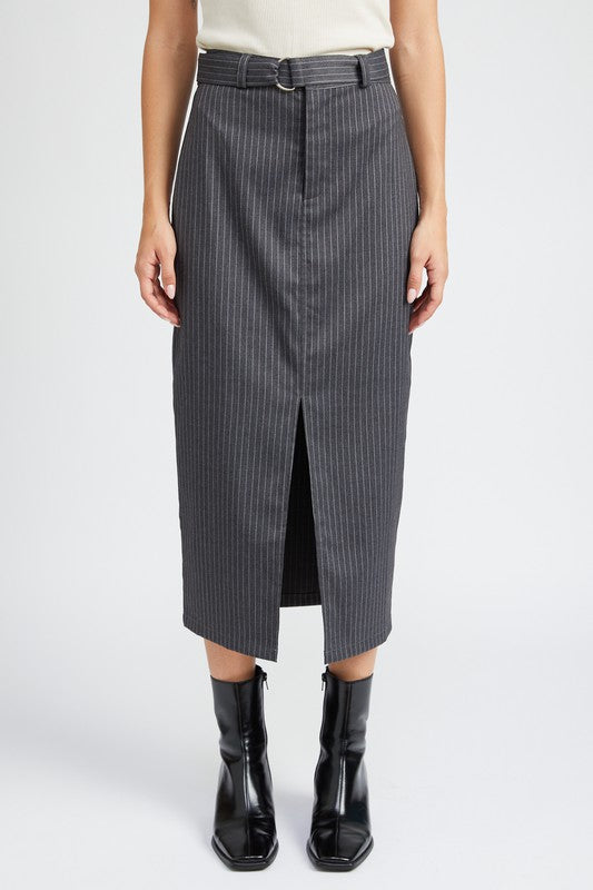 Front view of Clementine Pinstripe Midi Skirt in heather gray with slit