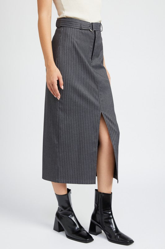 Side view of Clementine Pinstripe Midi Skirt with front slit detail
