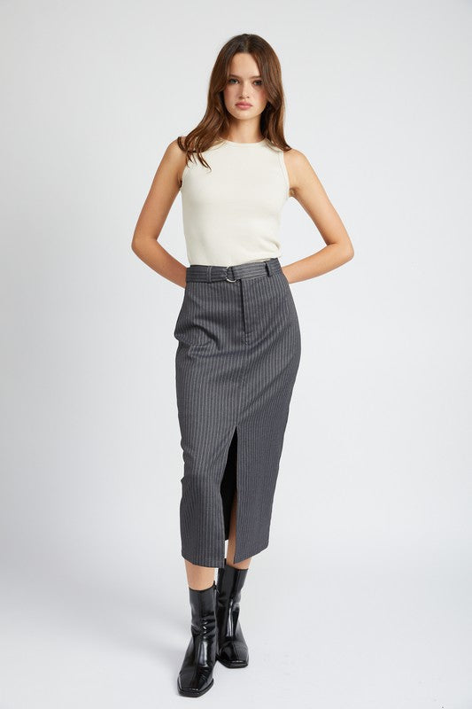 Full body view of model wearing Clementine Pinstripe Midi Skirt with belted waist