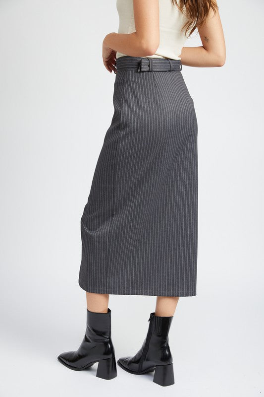 Back view of Clementine Pinstripe Midi Skirt in heather gray pinstripe