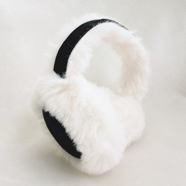 Snow Bunny Foldable Earmuffs in black with fluffy faux fur and foldable winter-ready design